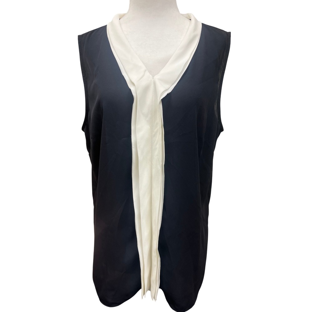 Talbots Womens Sleeveless V-Neck Ruffle Blouse Black White Colorblock Large NWT